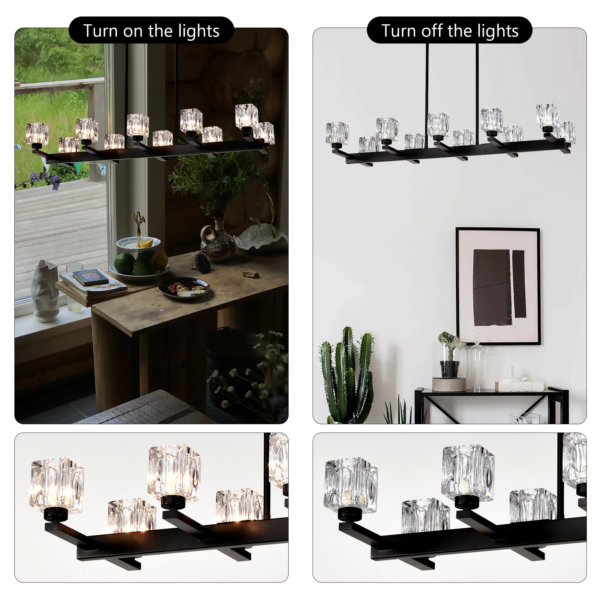 10-Light Black Linear Crystal Chandelier for Dining Room