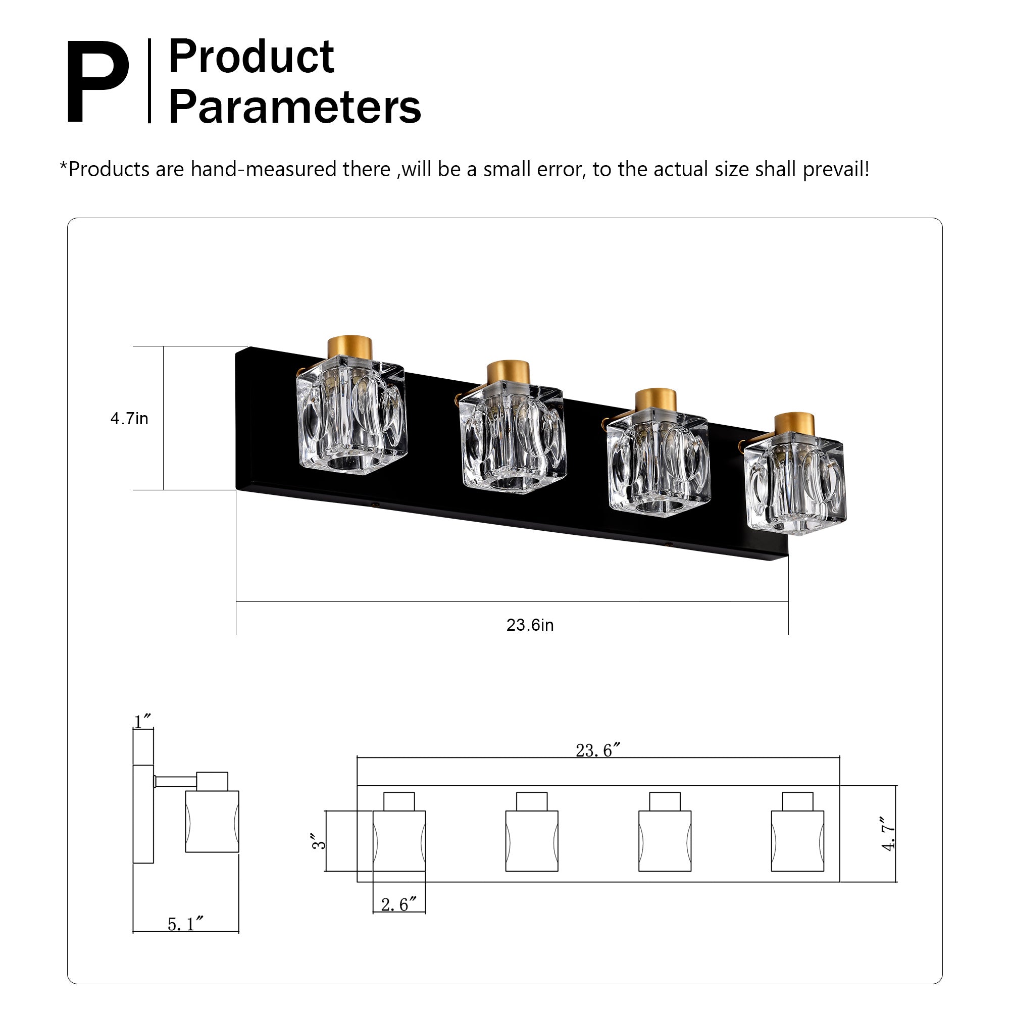 4-Light Matte Black & Gold Vanity Light with Crystal Glass Shades – Modern Bathroom Wall Fixture