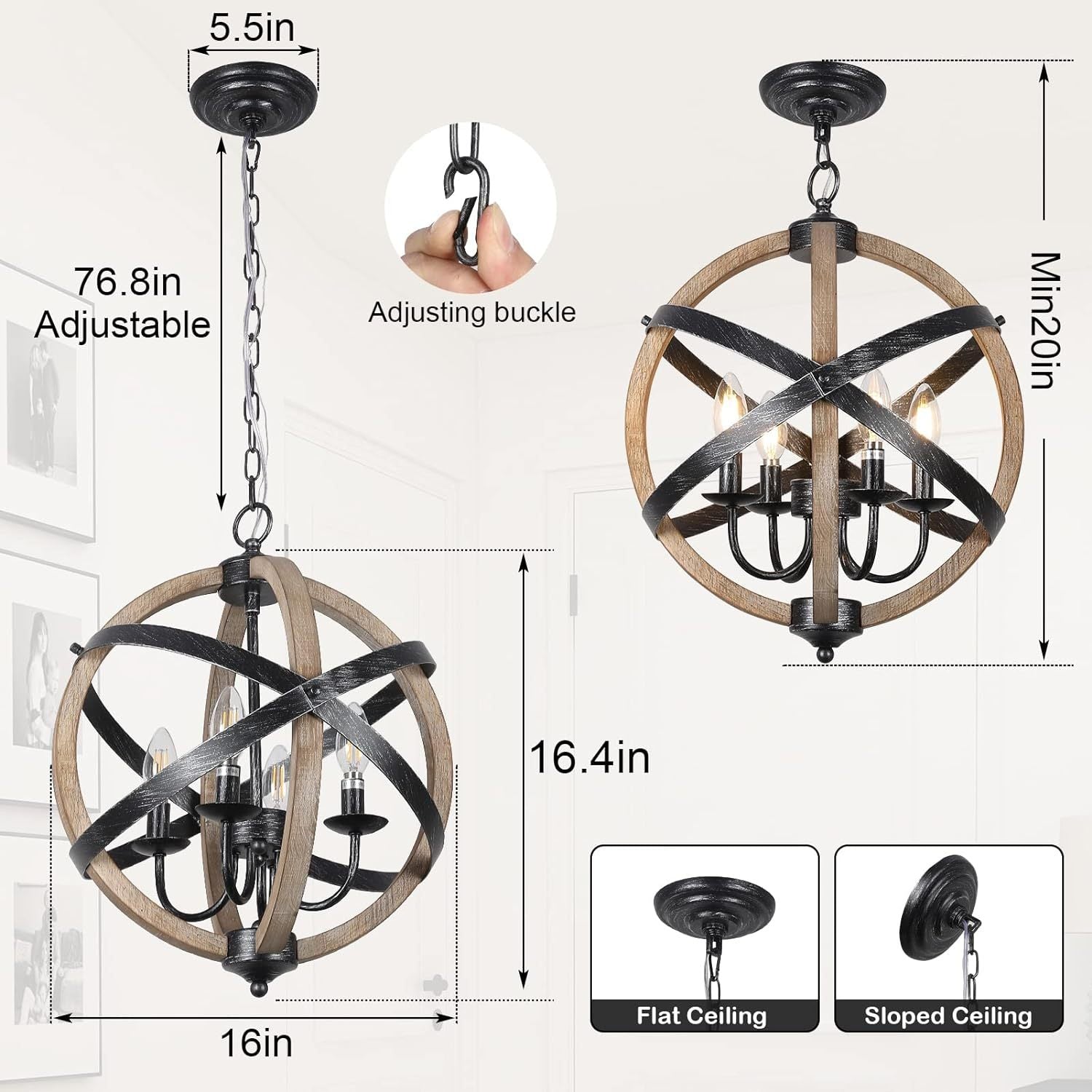 4-Light Farmhouse Wood Chandelier – Adjustable Rustic Pendant for Dining, Kitchen, Hallway | Orno Lights
