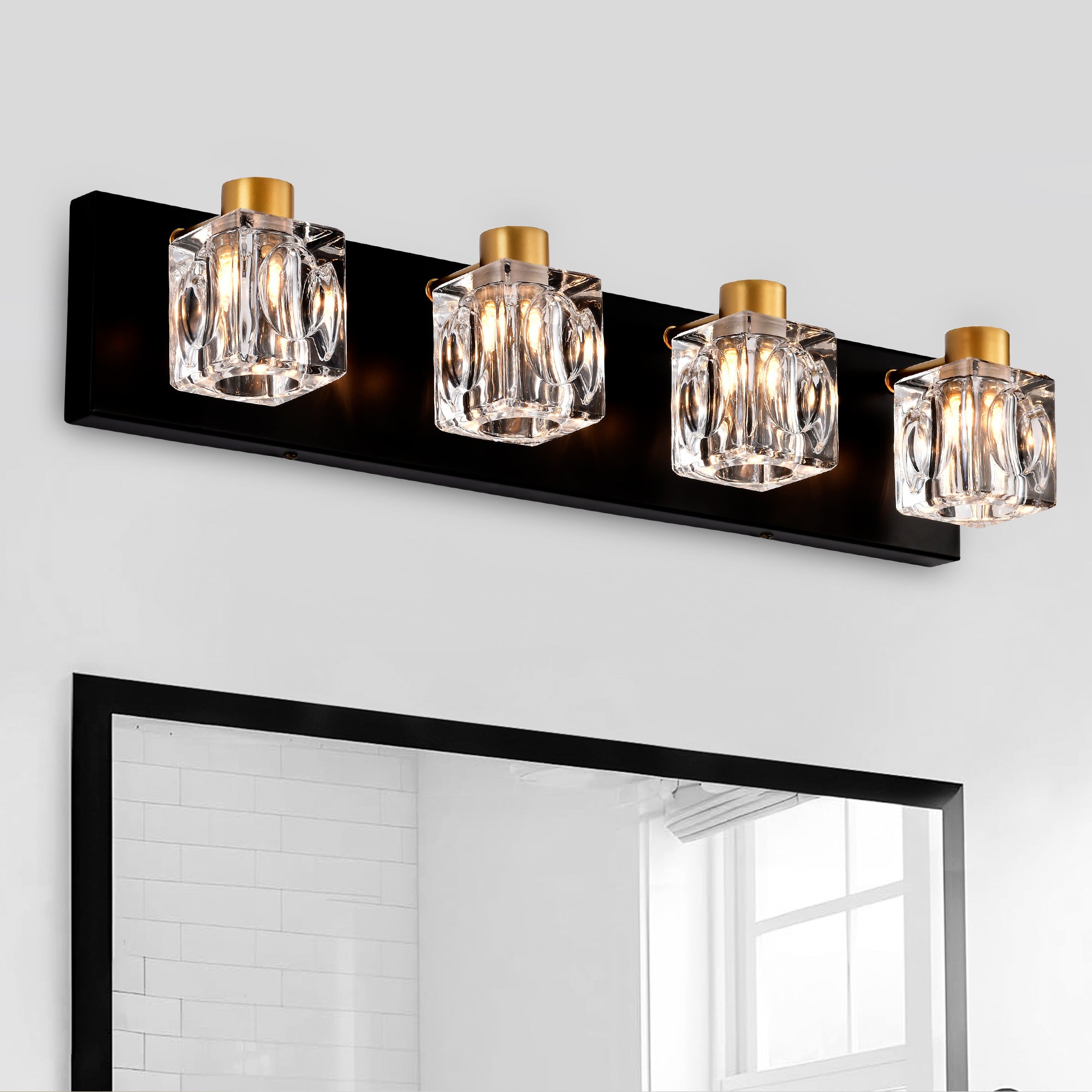 4-Light Matte Black & Gold Vanity Light with Crystal Glass Shades – Modern Bathroom Wall Fixture