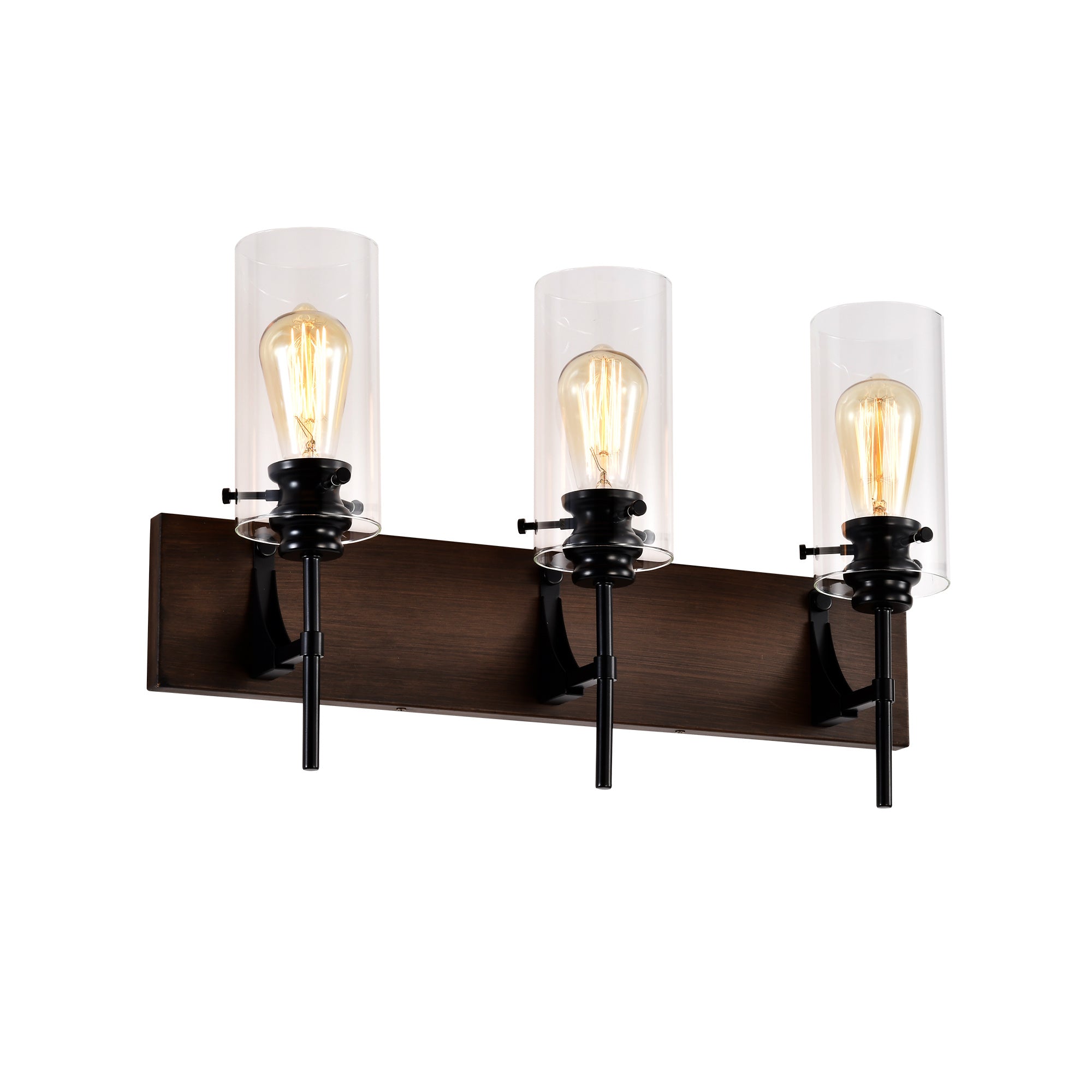 Orno Luxe™ Modern 3-Light Vanity Fixture – Matte Black & Wood with Glass Shades