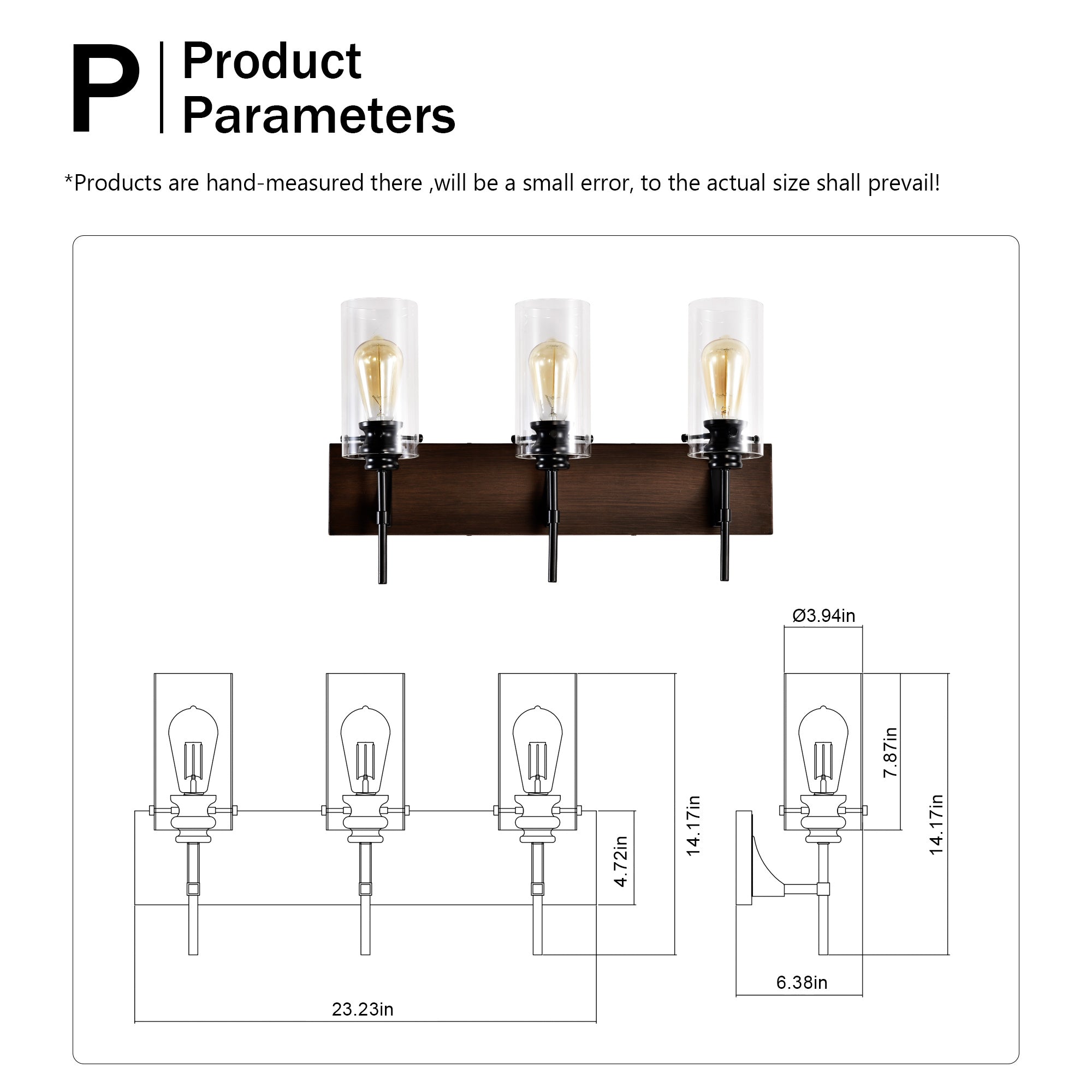Orno Luxe™ Modern 3-Light Vanity Fixture – Matte Black & Wood with Glass Shades