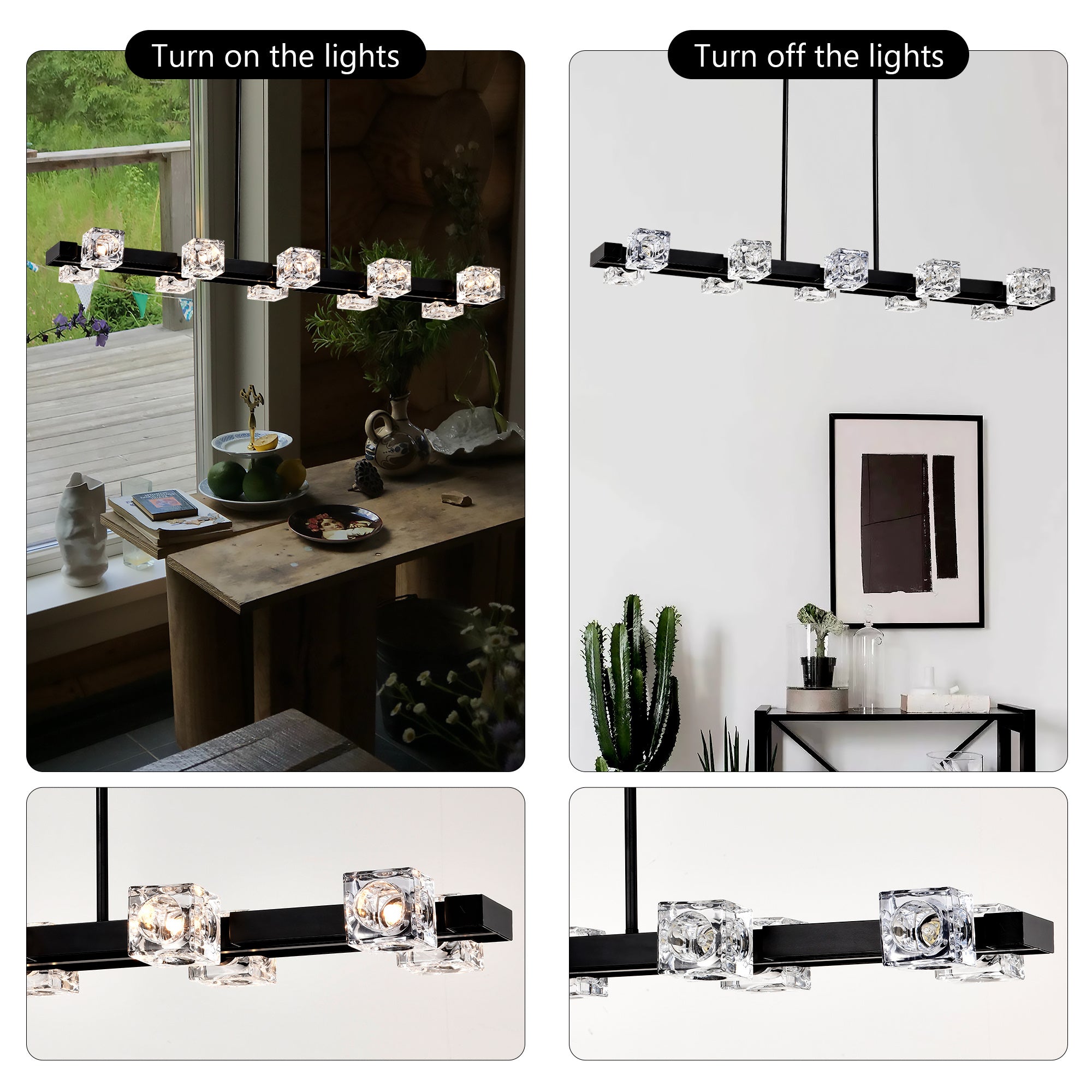 10-Light Rectangle Crystal Chandelier – Modern Farmhouse Black Pendant