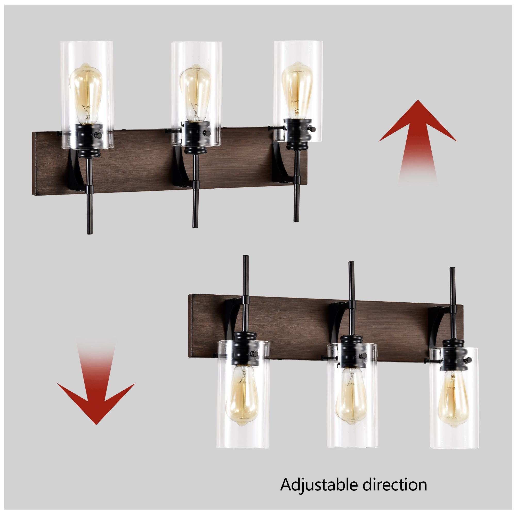 Orno Luxe™ Modern 3-Light Vanity Fixture – Matte Black & Wood with Glass Shades