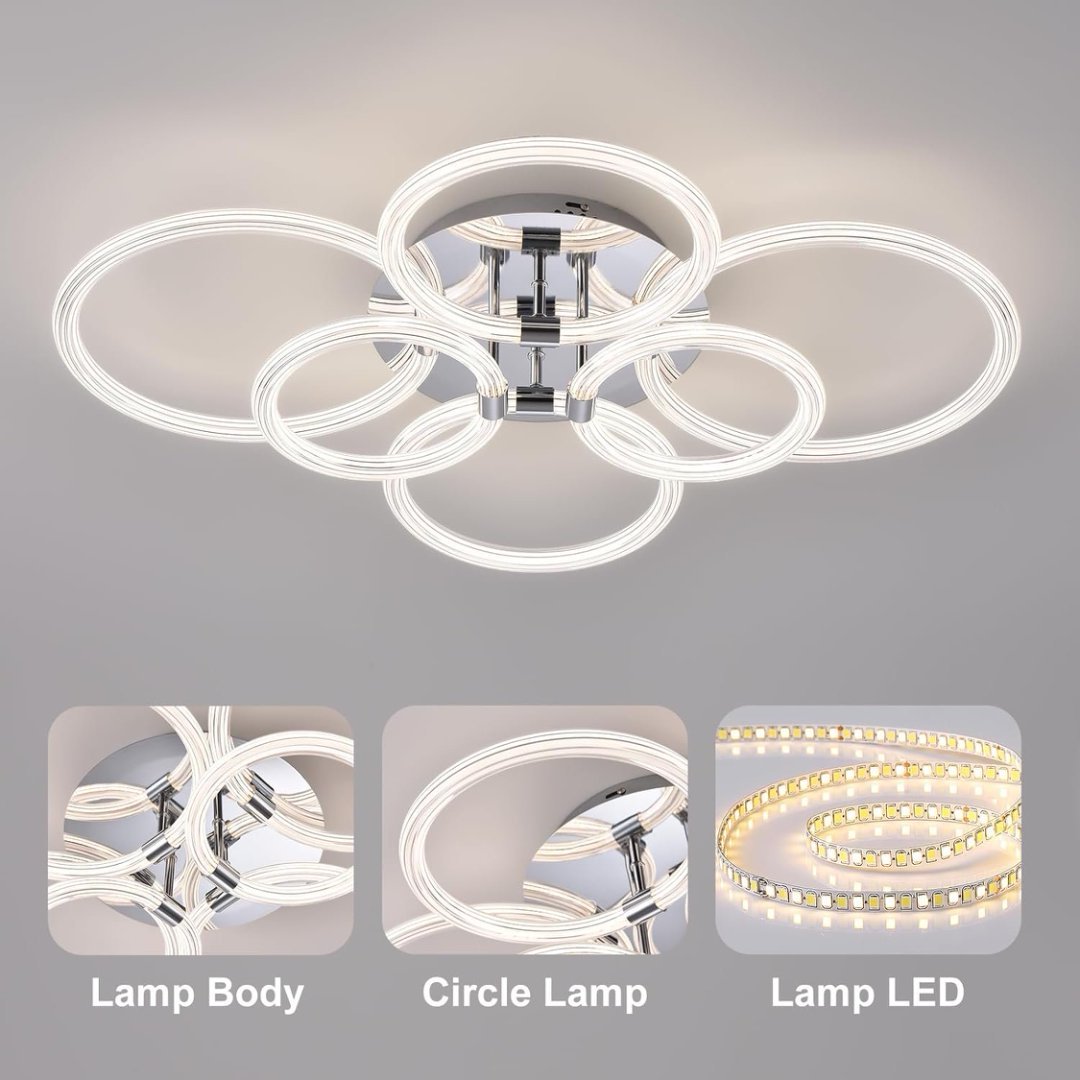 Modern 6-Head LED Ceiling Light – Dimmable Flush Mount with Remote | Acrylic Ring Fixture for Bedroom, Kitchen & Living Room