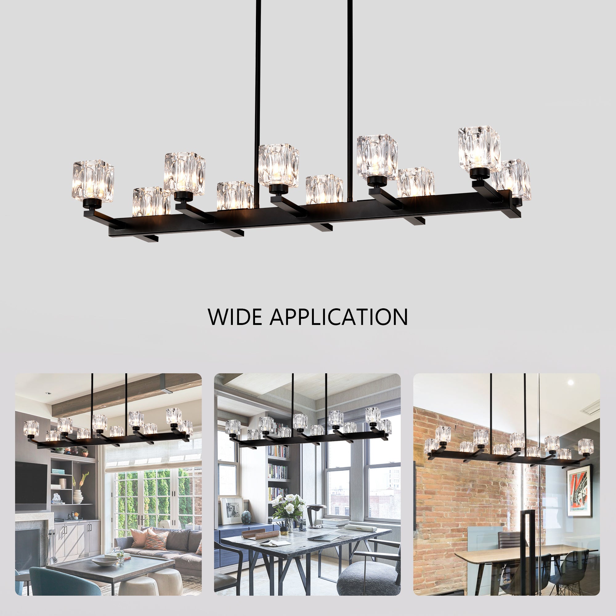 10-Light Black Linear Crystal Chandelier for Dining Room