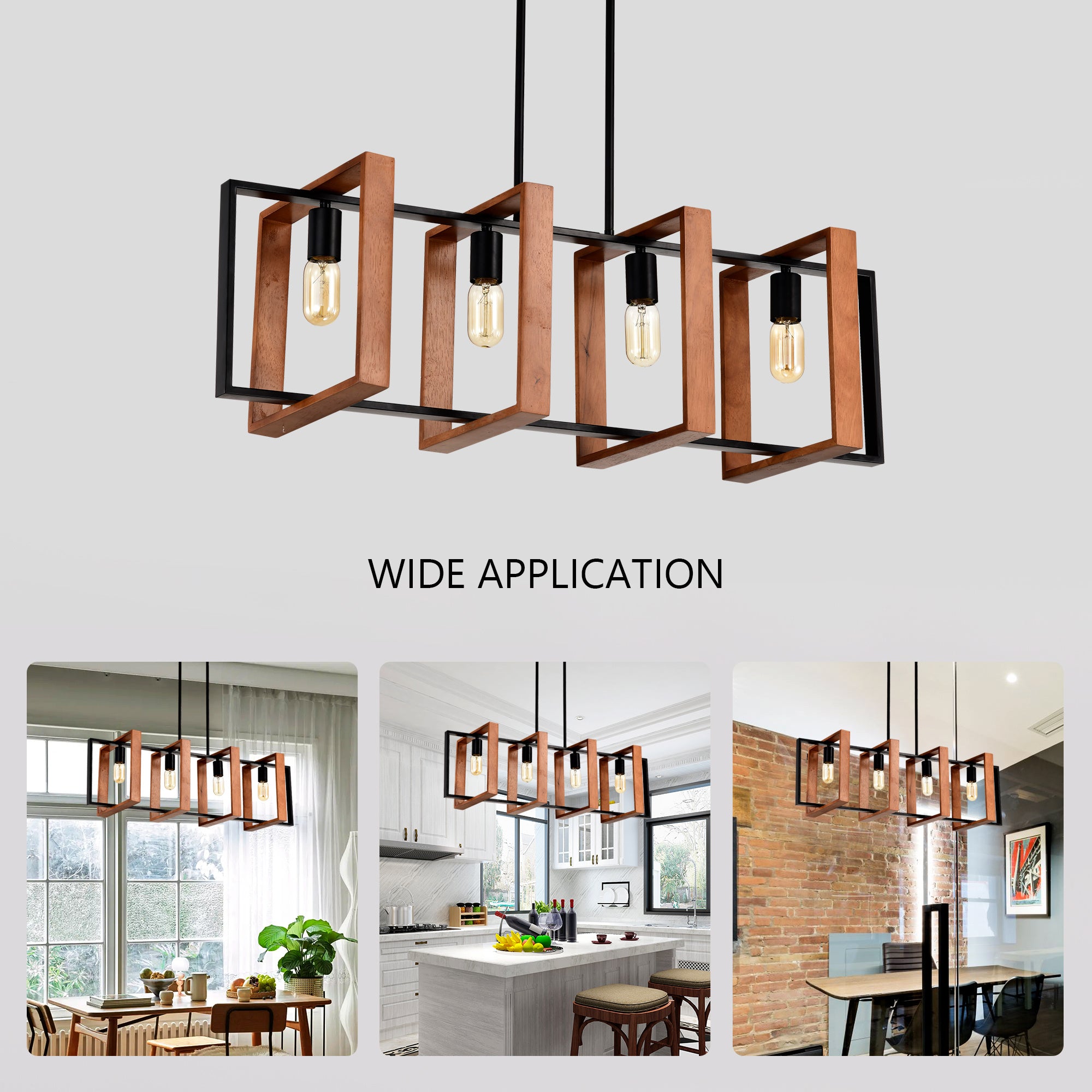 4-Light Rectangular Farmhouse Pendant Light – Wood and Black Metal