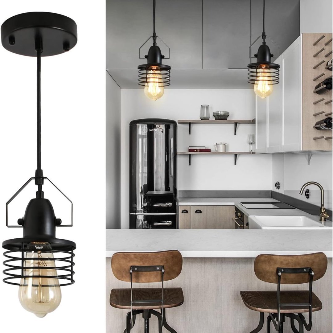 Industrial Black Metal Cage Pendant Light – 1-Light E26 Fixture
