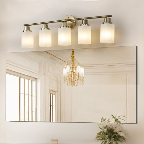 Gold 5-Light Bathroom Vanity Fixture with Frosted Glass