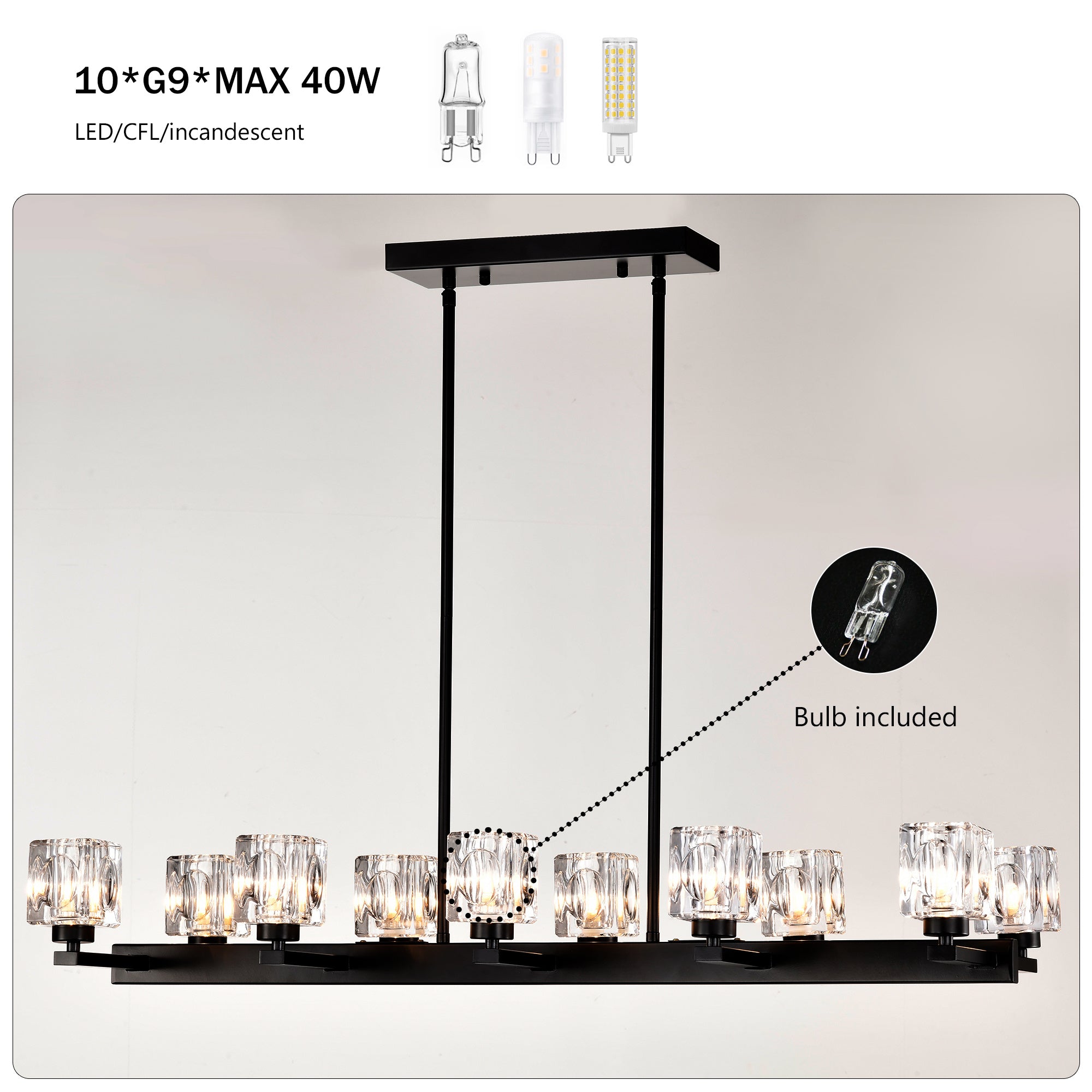 10-Light Black Linear Crystal Chandelier for Dining Room