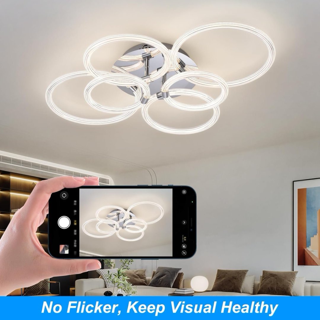 Modern 6-Head LED Ceiling Light – Dimmable Flush Mount with Remote | Acrylic Ring Fixture for Bedroom, Kitchen & Living Room
