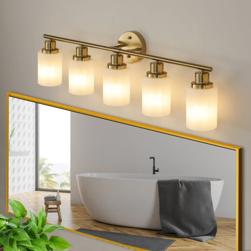 Gold 5-Light Bathroom Vanity Fixture with Frosted Glass