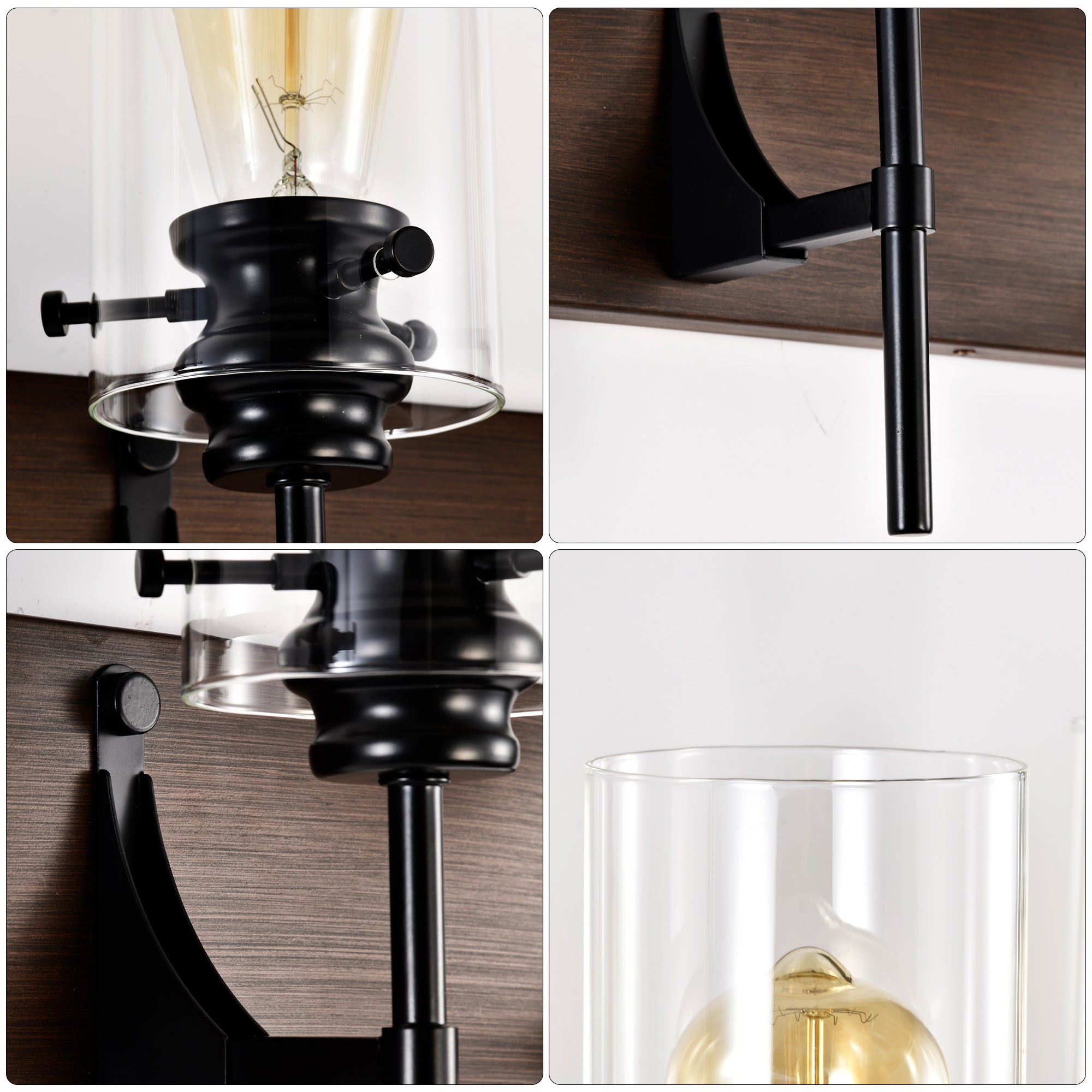 Orno Luxe™ Modern 3-Light Vanity Fixture – Matte Black & Wood with Glass Shades