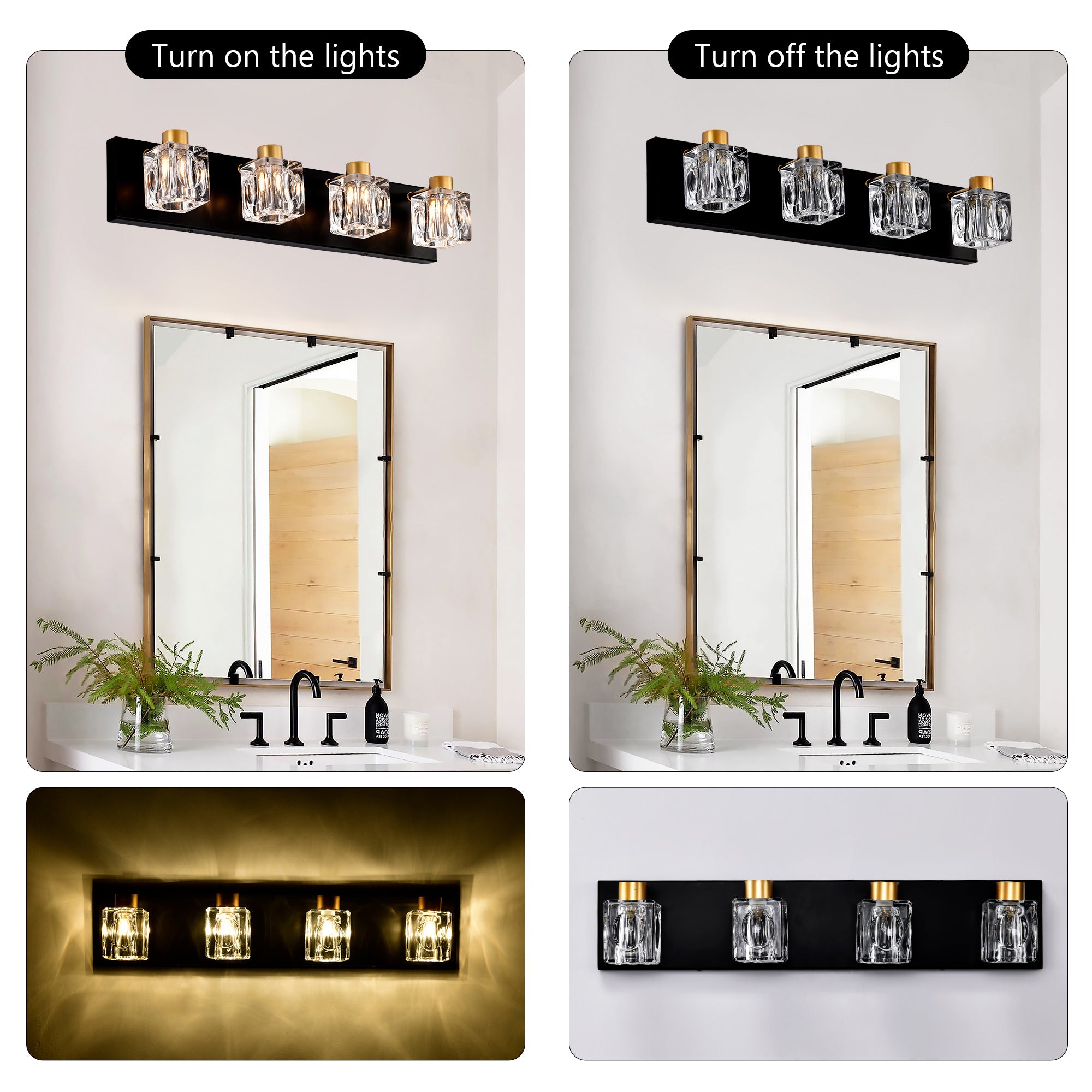 4-Light Matte Black & Gold Vanity Light with Crystal Glass Shades – Modern Bathroom Wall Fixture