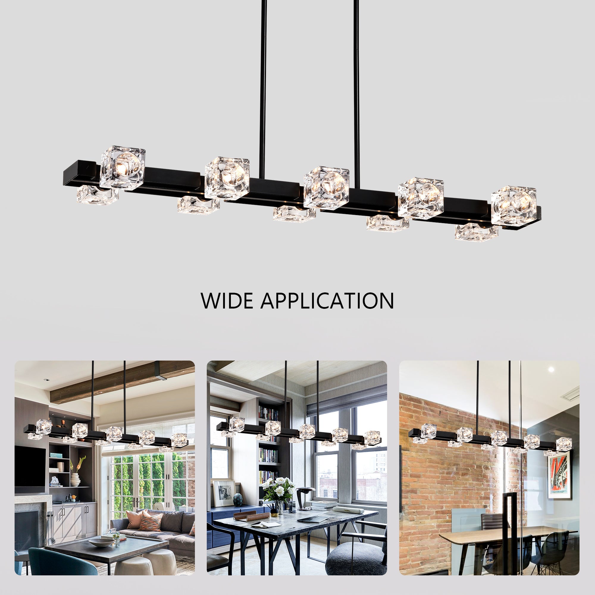 10-Light Rectangle Crystal Chandelier – Modern Farmhouse Black Pendant