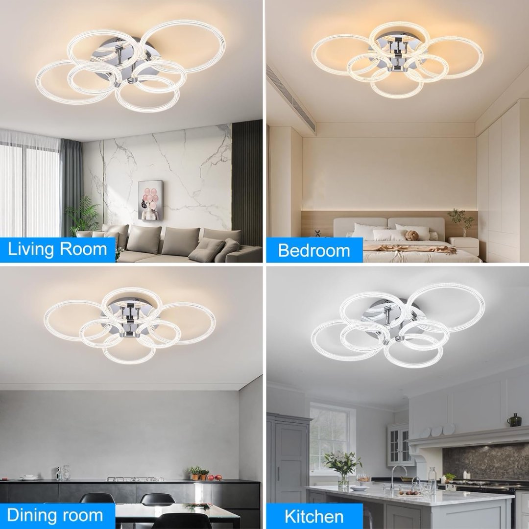 Modern 6-Head LED Ceiling Light – Dimmable Flush Mount with Remote | Acrylic Ring Fixture for Bedroom, Kitchen & Living Room