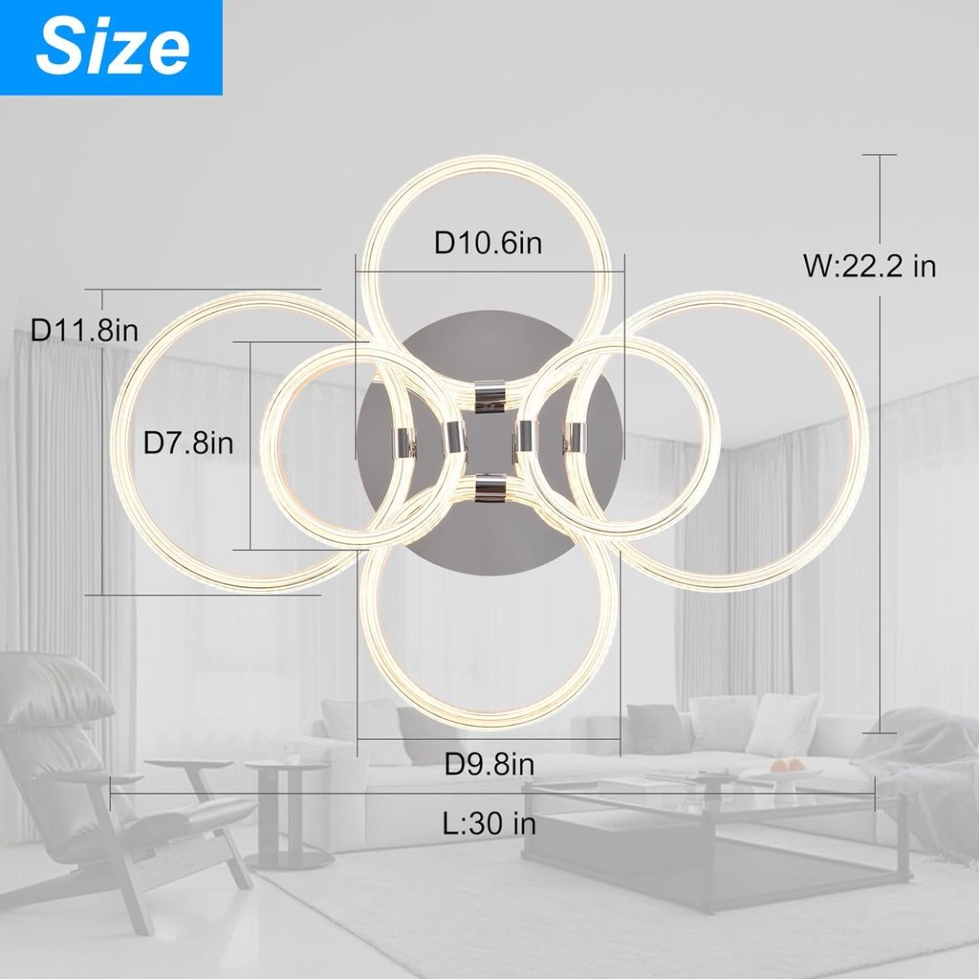 Modern 6-Head LED Ceiling Light – Dimmable Flush Mount with Remote | Acrylic Ring Fixture for Bedroom, Kitchen & Living Room
