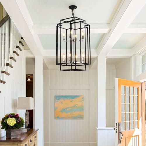 8-Light Tiered Lantern Chandelier – Industrial Farmhouse Ceiling Fixture