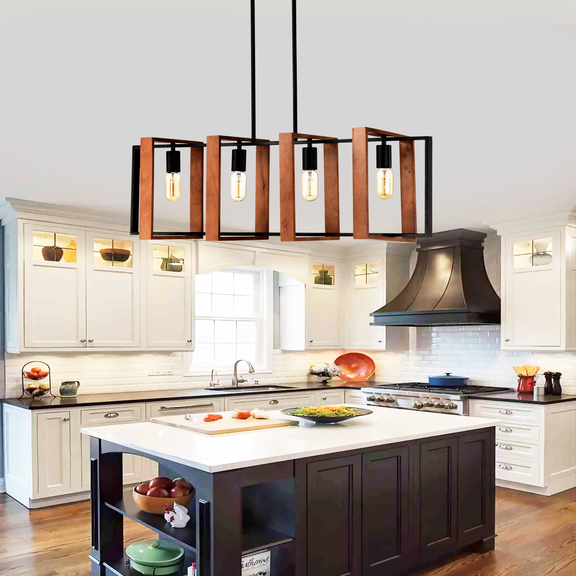 4-Light Farmhouse Kitchen Island Chandelier – Rustic Wood & Black Metal