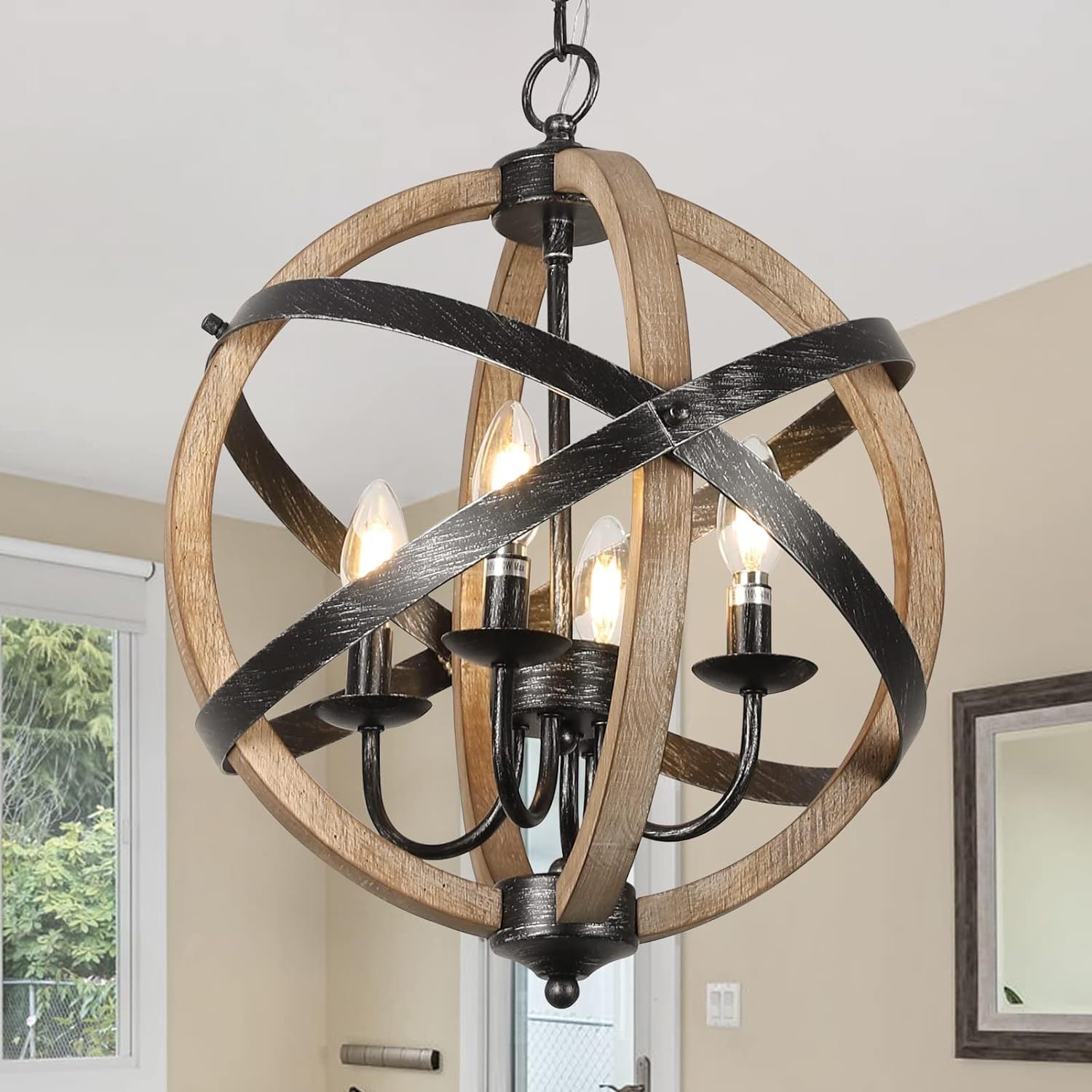 4-Light Farmhouse Wood Chandelier – Adjustable Rustic Pendant for Dining, Kitchen, Hallway | Orno Lights