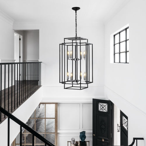 8-Light Tiered Lantern Chandelier – Industrial Farmhouse Ceiling Fixture