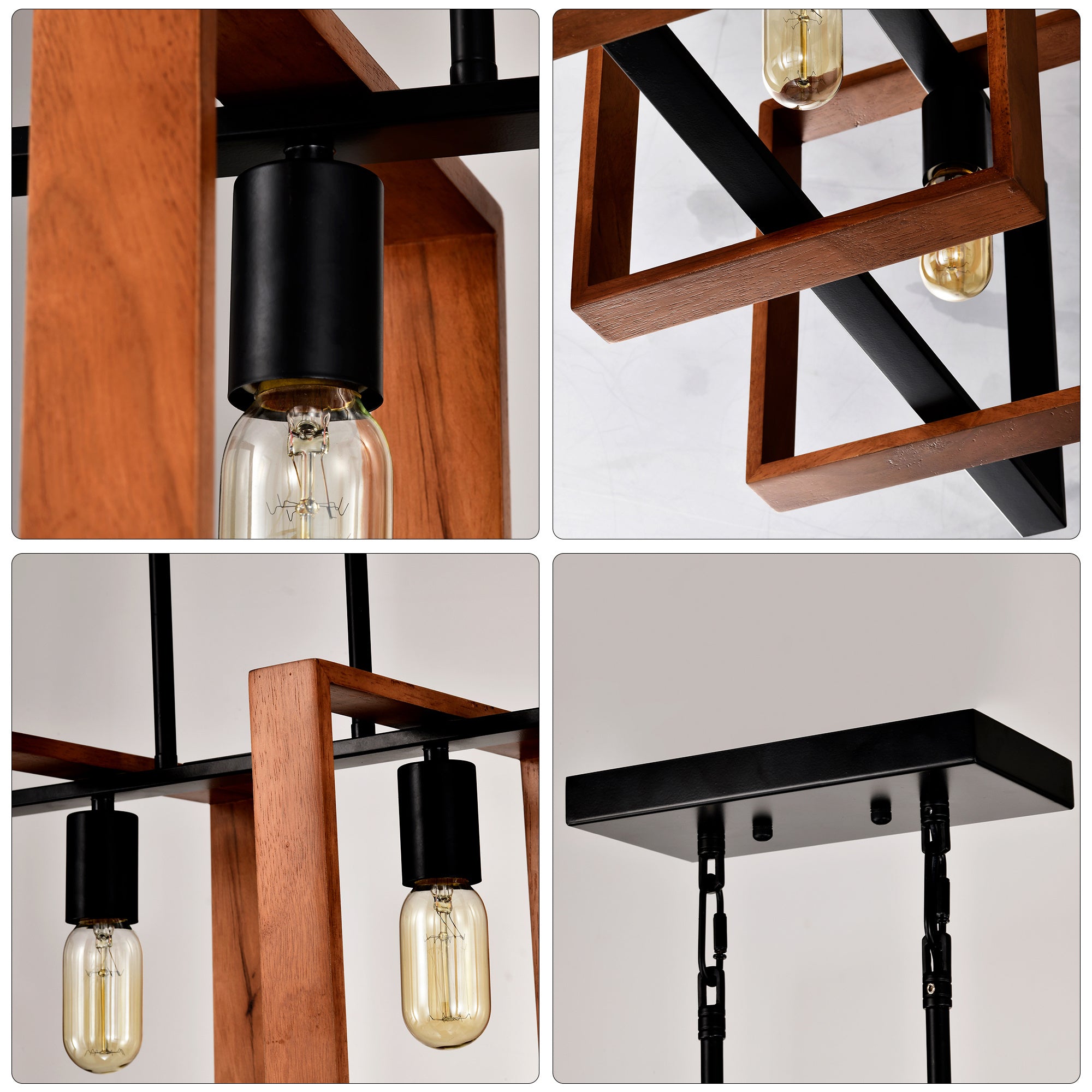 4-Light Farmhouse Kitchen Island Chandelier – Rustic Wood & Black Metal