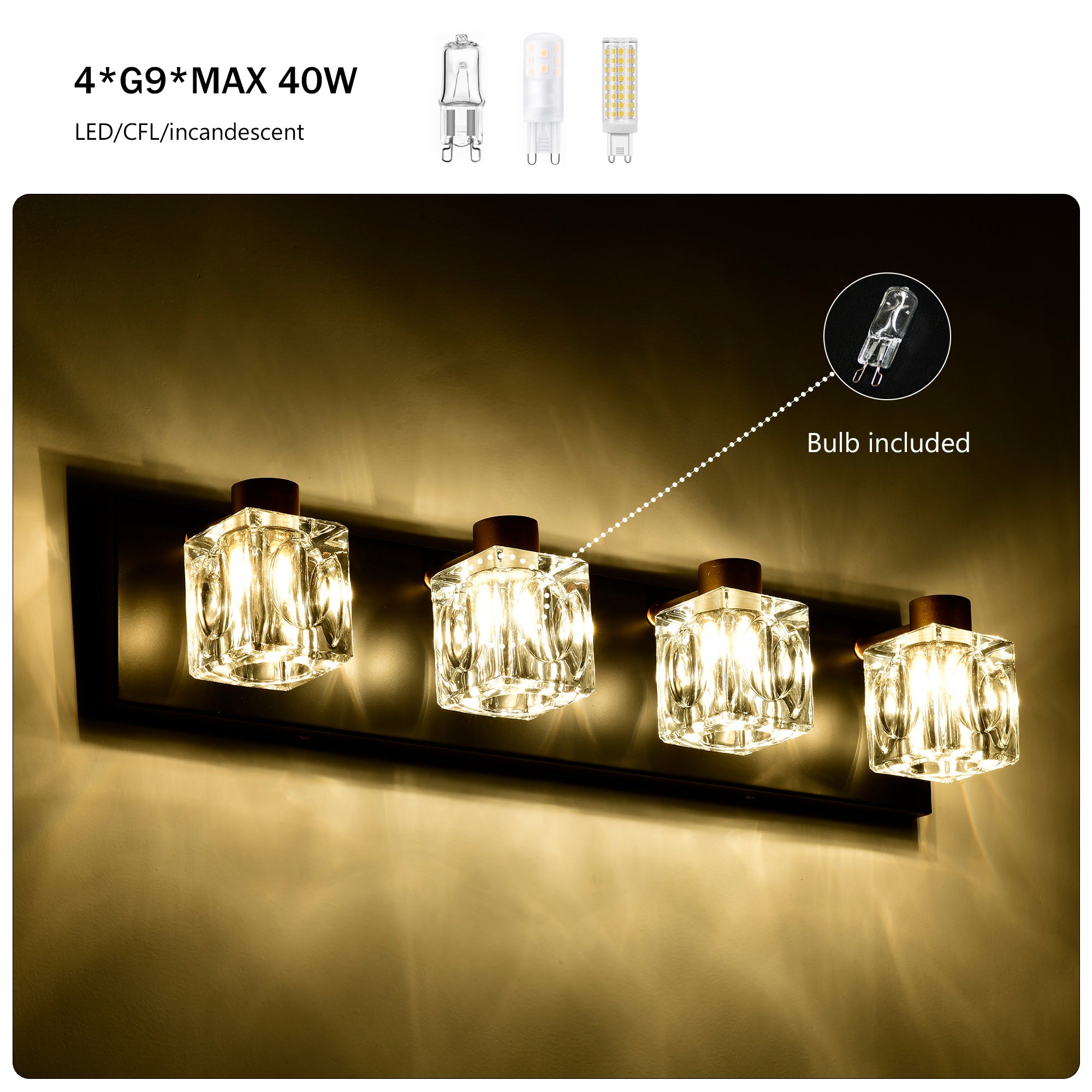 4-Light Matte Black & Gold Vanity Light with Crystal Glass Shades – Modern Bathroom Wall Fixture
