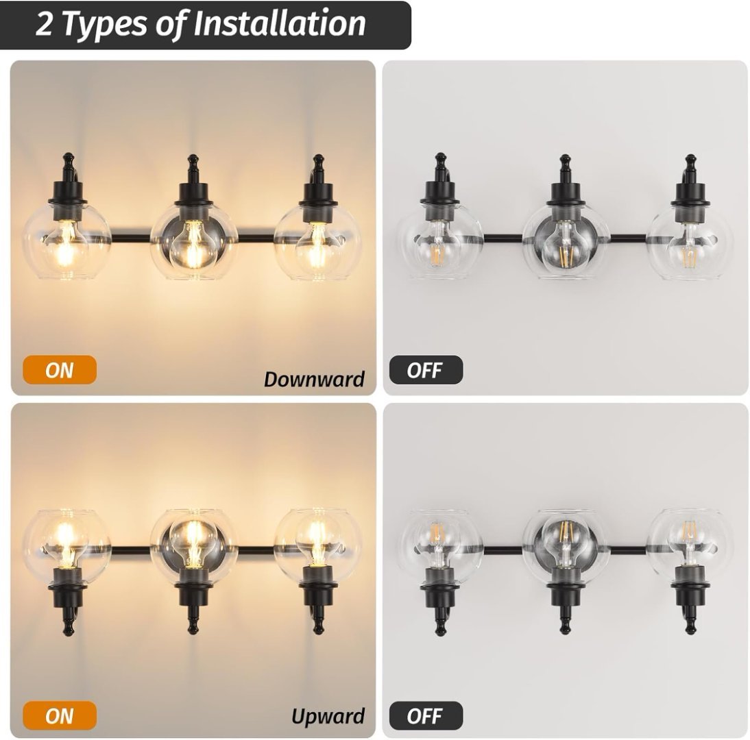 3-Light Bathroom Vanity Wall Fixture – 22” Retro Glass Shade Light for Mirror, Kitchen, or Living Room