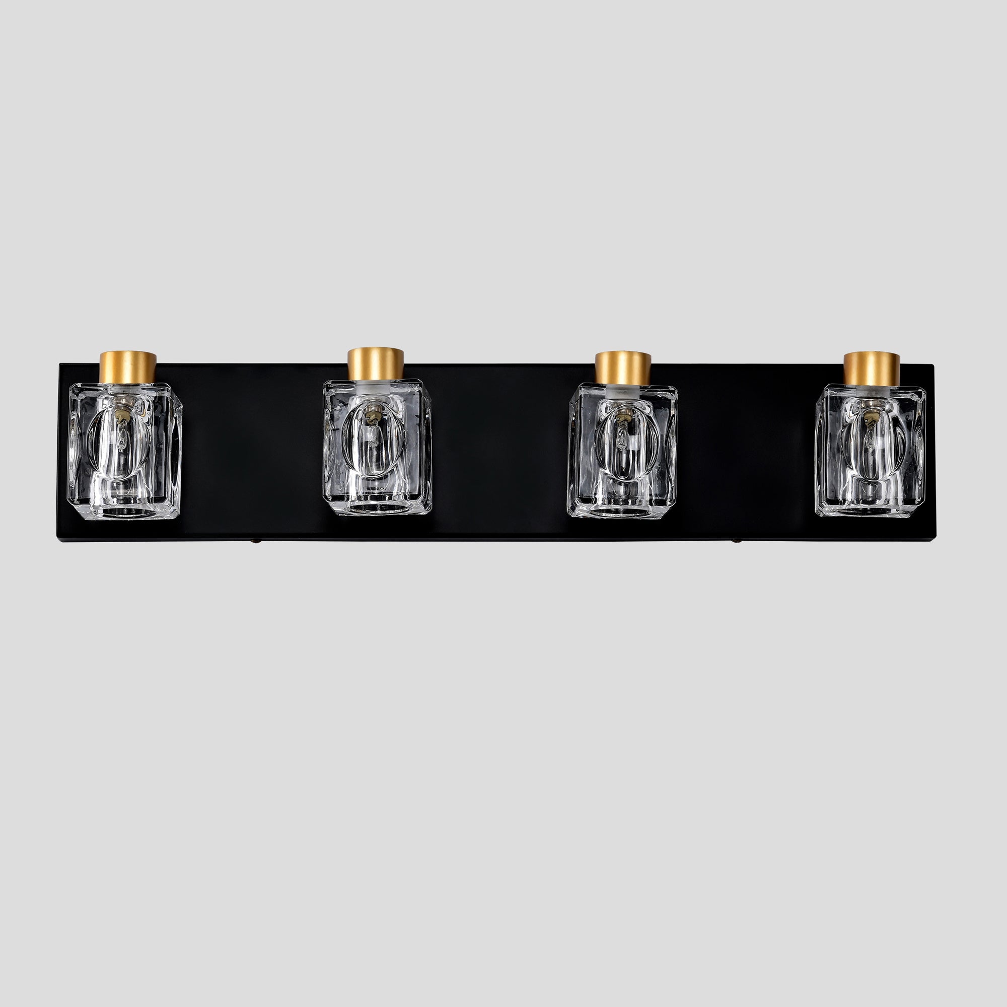 4-Light Matte Black & Gold Vanity Light with Crystal Glass Shades – Modern Bathroom Wall Fixture