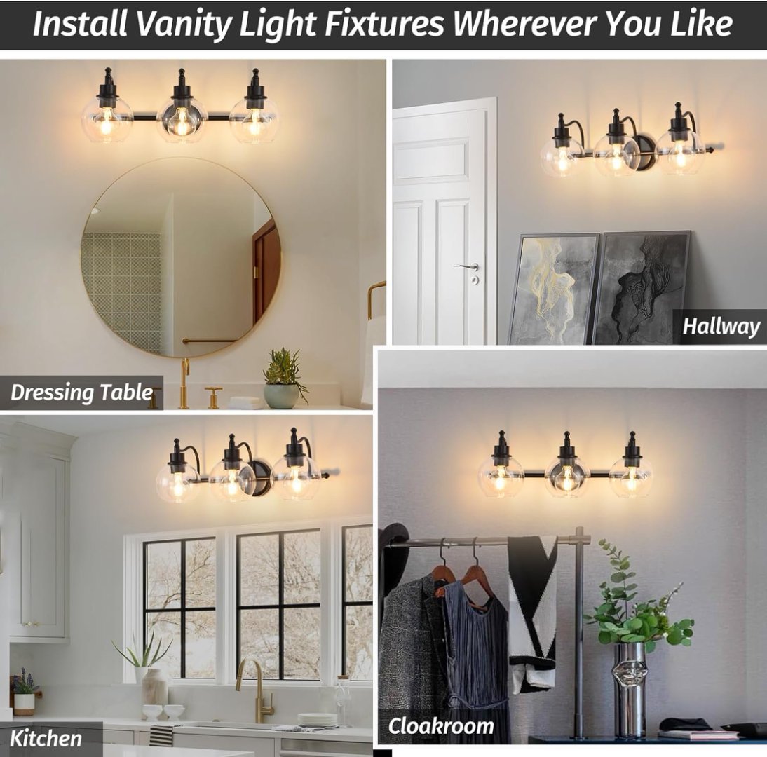 3-Light Bathroom Vanity Wall Fixture – 22” Retro Glass Shade Light for Mirror, Kitchen, or Living Room