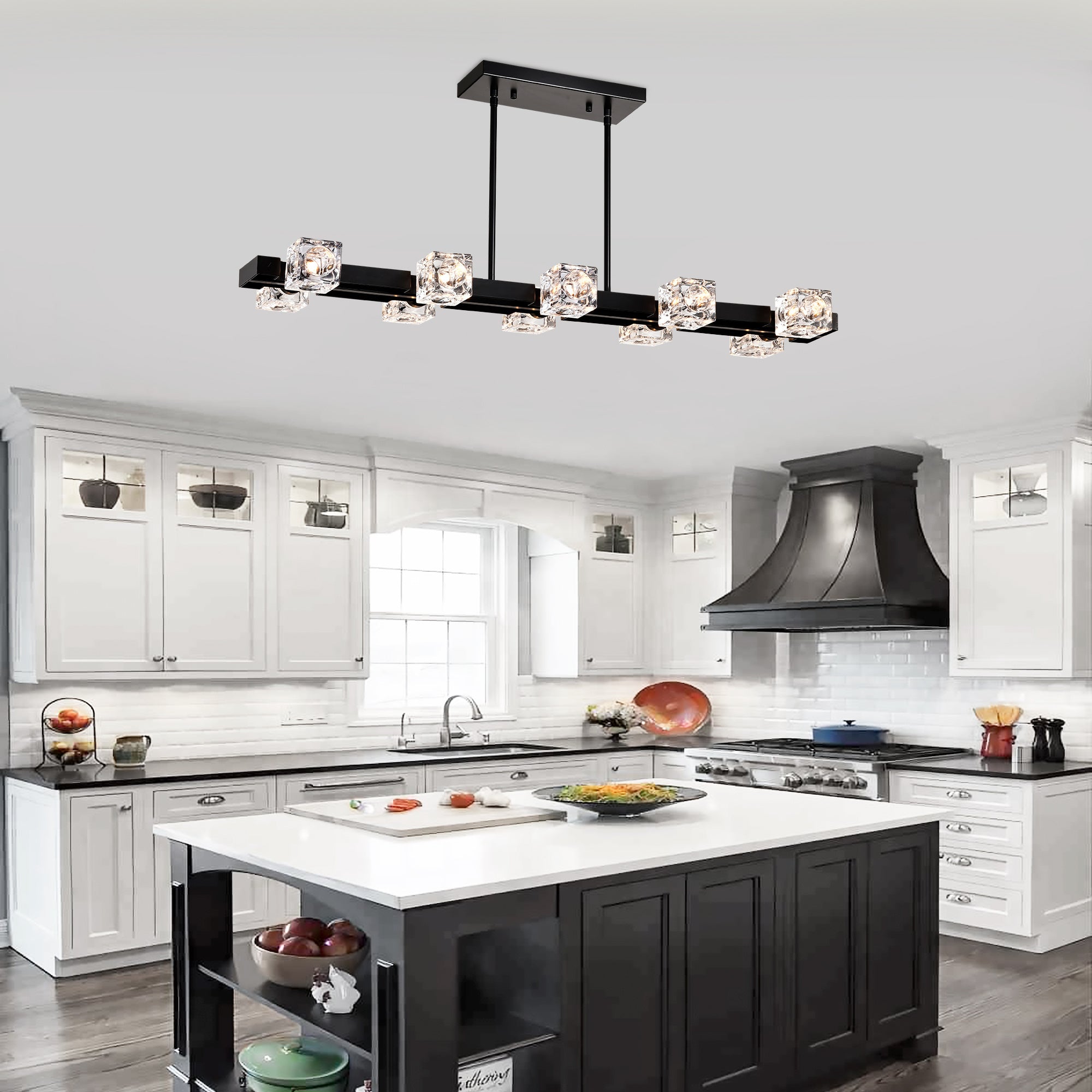 10-Light Rectangle Crystal Chandelier – Modern Farmhouse Black Pendant