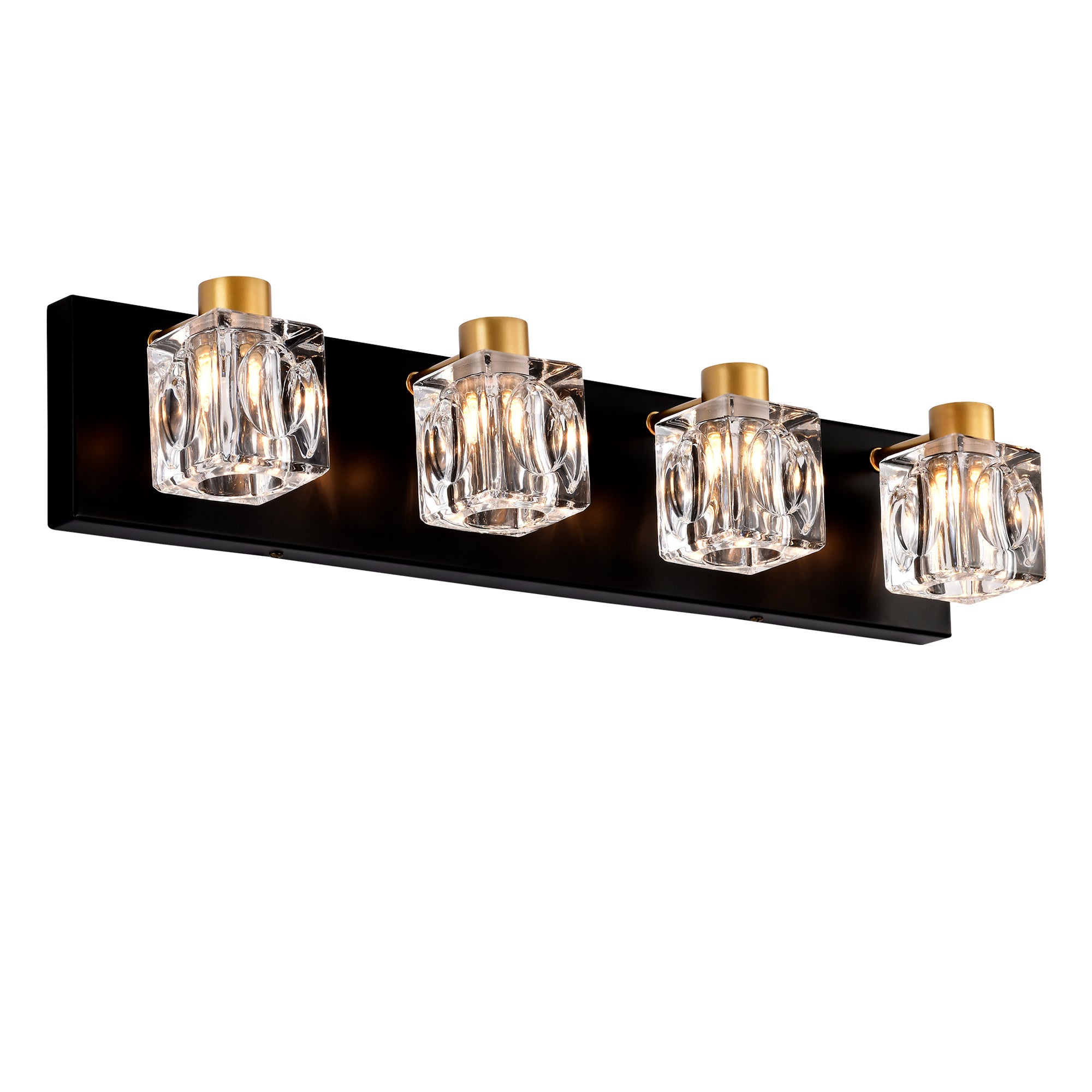 4-Light Matte Black & Gold Vanity Light with Crystal Glass Shades – Modern Bathroom Wall Fixture