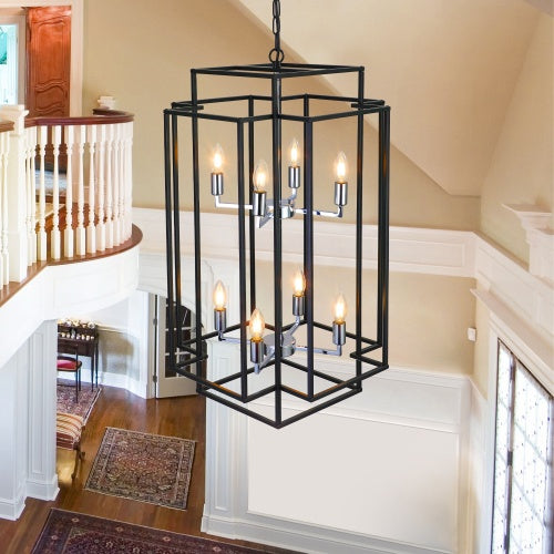 8-Light Tiered Lantern Chandelier – Industrial Farmhouse Ceiling Fixture
