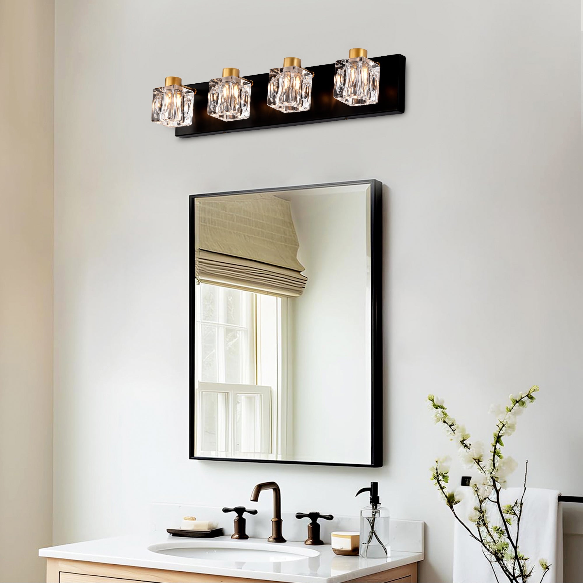 4-Light Matte Black & Gold Vanity Light with Crystal Glass Shades – Modern Bathroom Wall Fixture