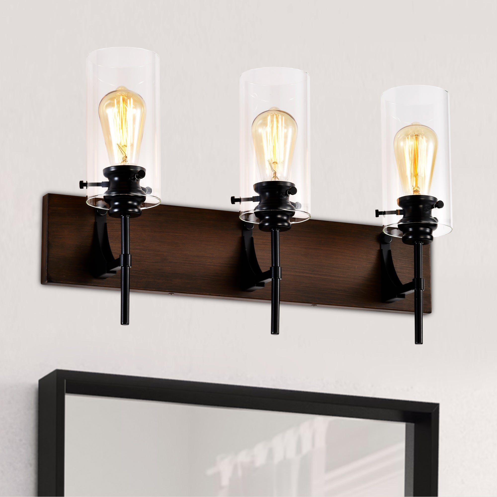 Orno Luxe™ Modern 3-Light Vanity Fixture – Matte Black & Wood with Glass Shades