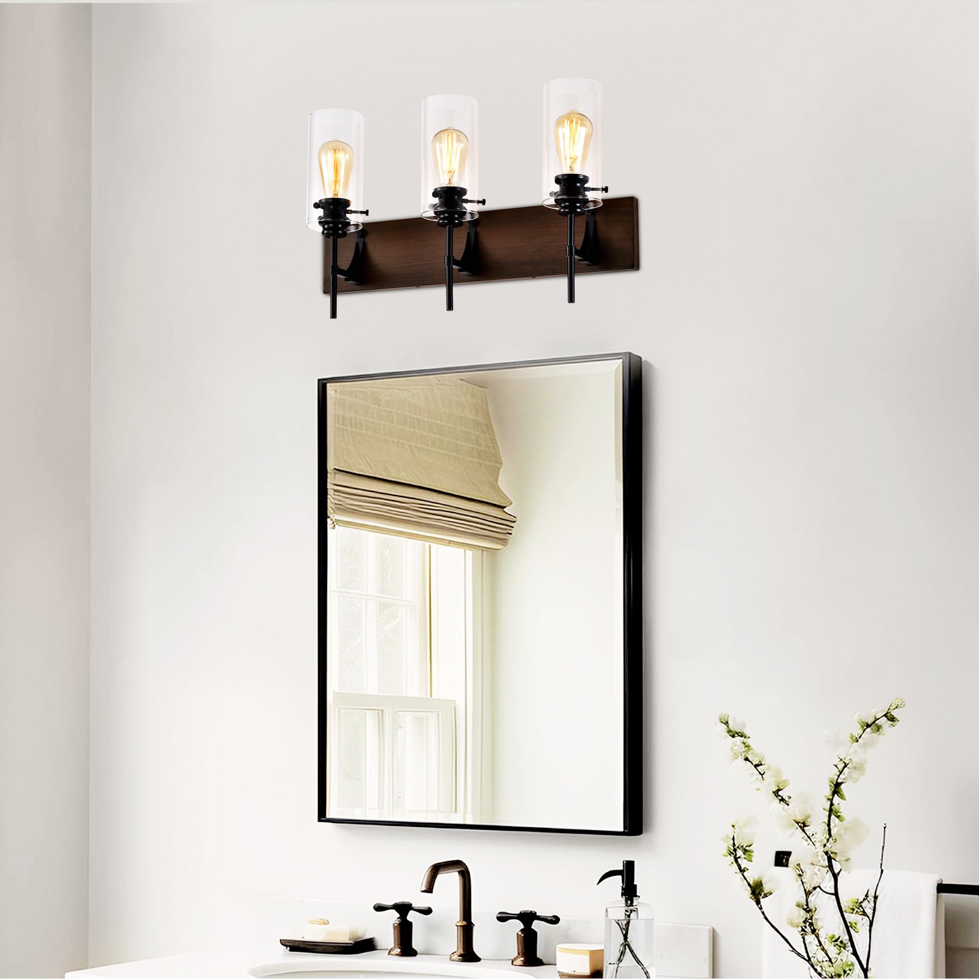 Orno Luxe™ Modern 3-Light Vanity Fixture – Matte Black & Wood with Glass Shades