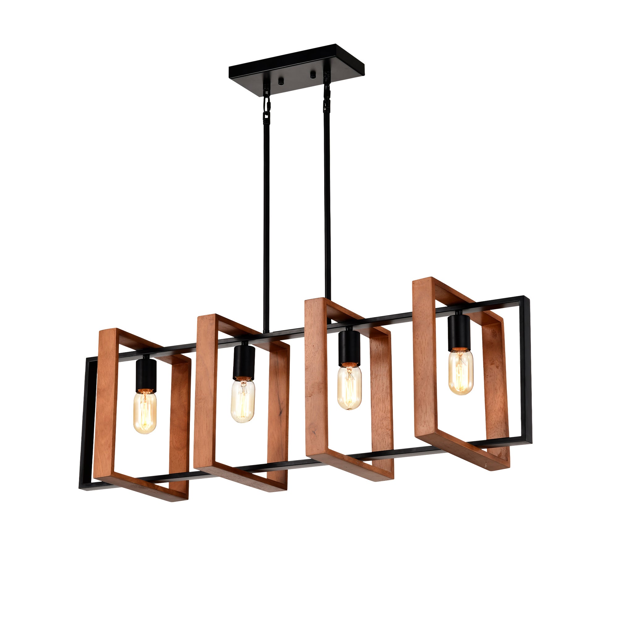 4-Light Rectangular Farmhouse Pendant Light – Wood and Black Metal