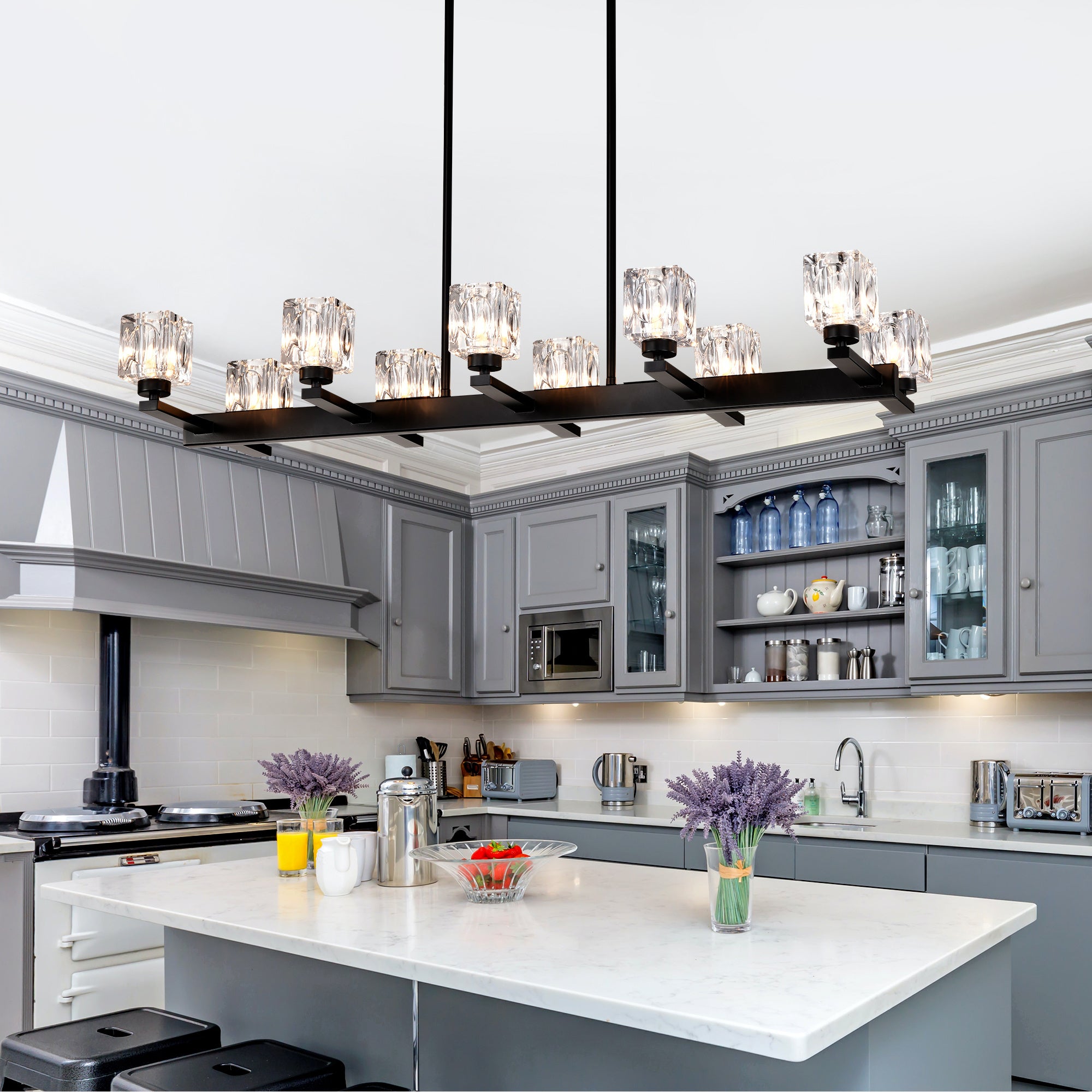 10-Light Black Linear Crystal Chandelier for Dining Room