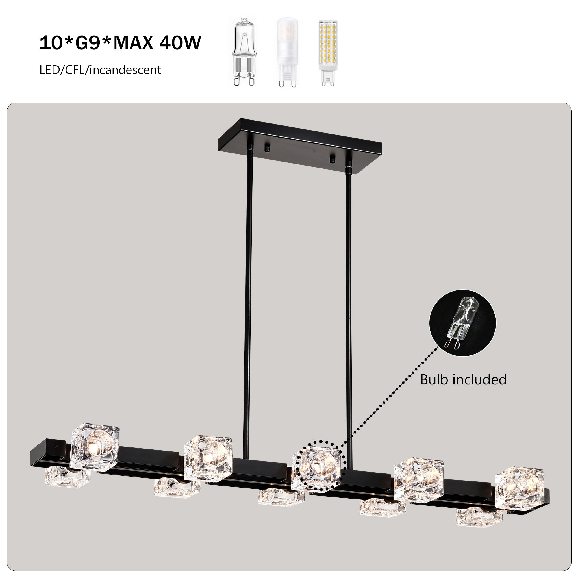 10-Light Rectangle Crystal Chandelier – Modern Farmhouse Black Pendant