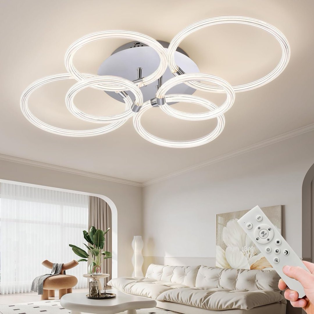 Modern 6-Head LED Ceiling Light – Dimmable Flush Mount with Remote | Acrylic Ring Fixture for Bedroom, Kitchen & Living Room