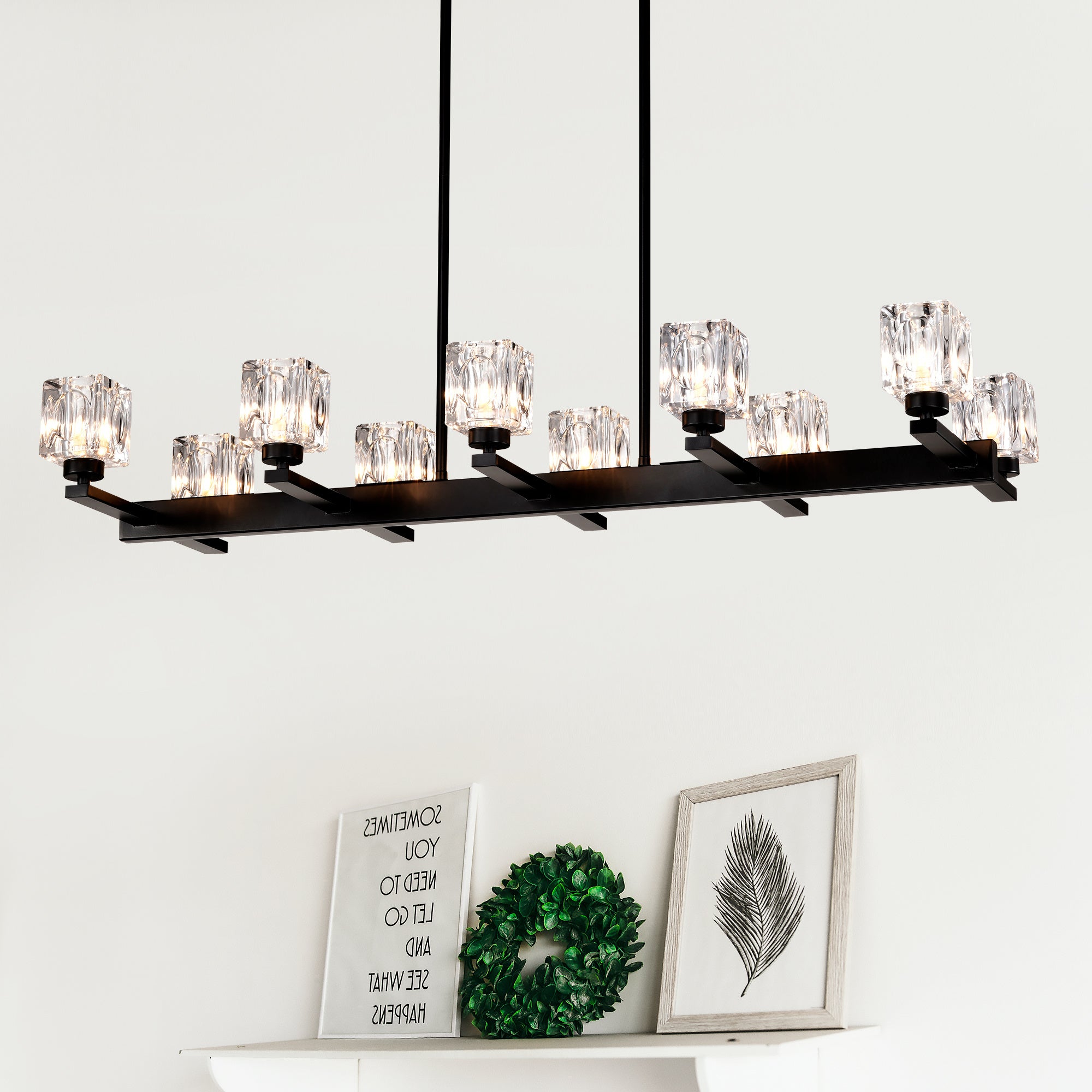 10-Light Black Linear Crystal Chandelier for Dining Room
