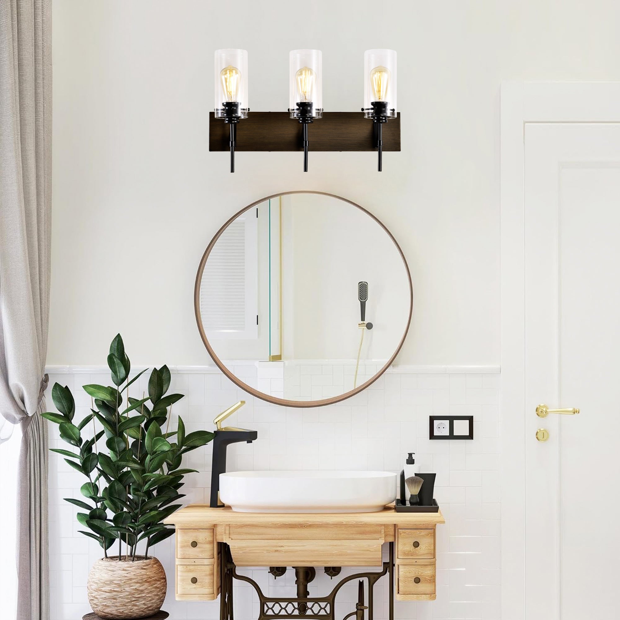 Orno Luxe™ Modern 3-Light Vanity Fixture – Matte Black & Wood with Glass Shades