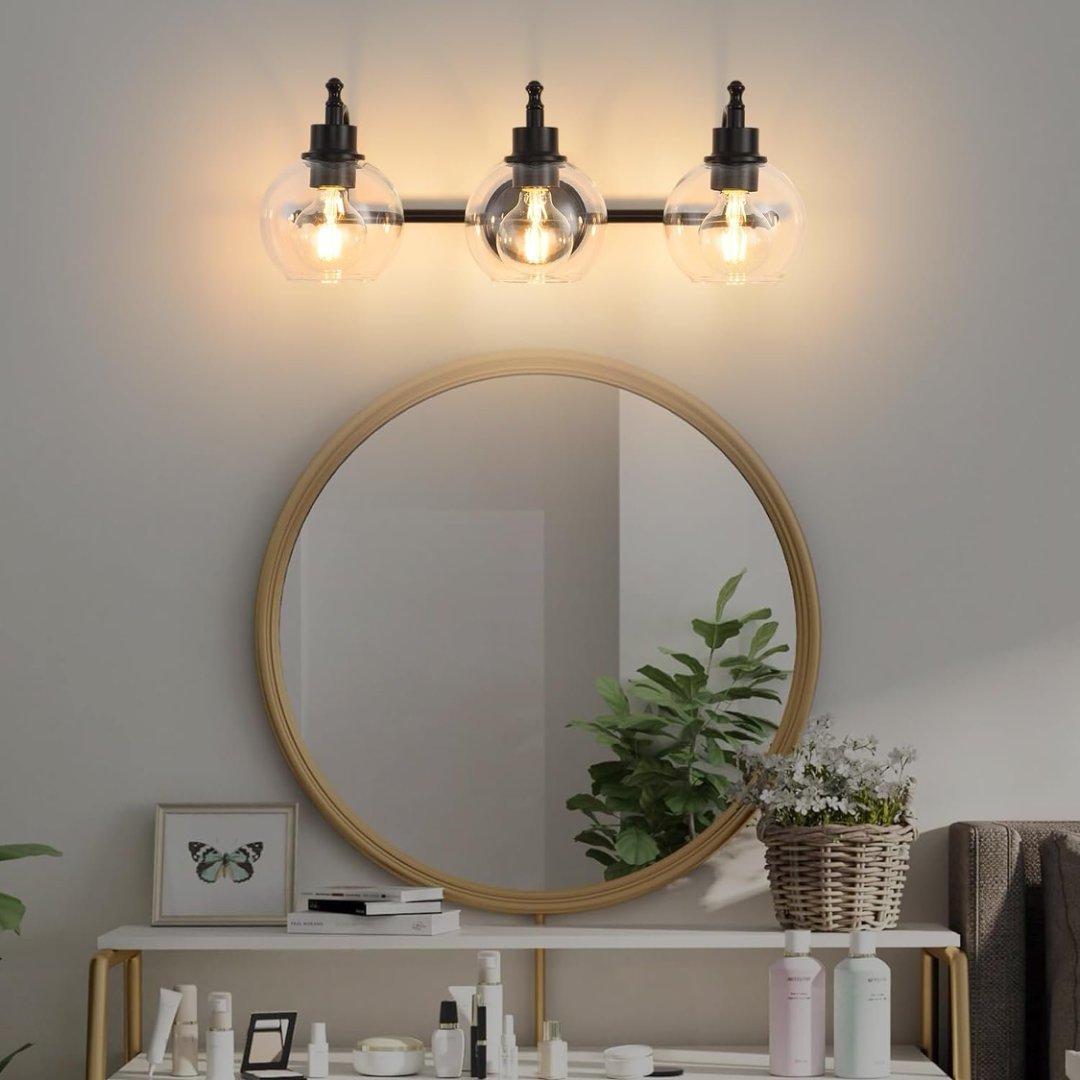 3-Light Bathroom Vanity Wall Fixture – 22” Retro Glass Shade Light for Mirror, Kitchen, or Living Room